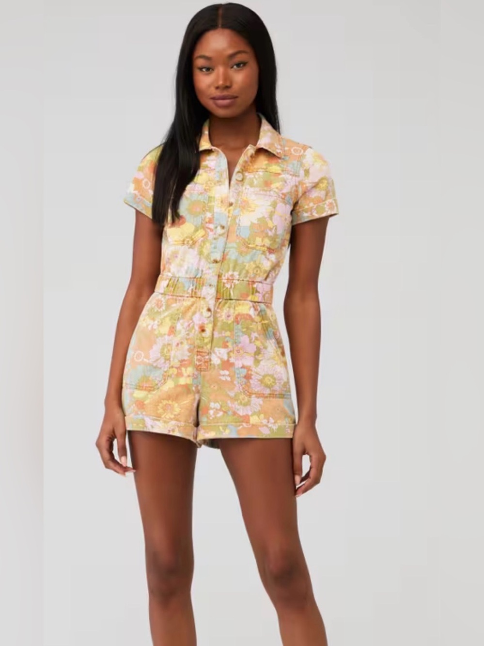Show Me Your Mumu Cannon Romper Groovy Blooms Denim Floral Size Small